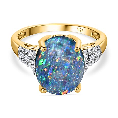 Boulder Opal & Moissanite Ring in 18K Vermeil Yellow Gold Plated Sterling Silver 3.24 Ct.