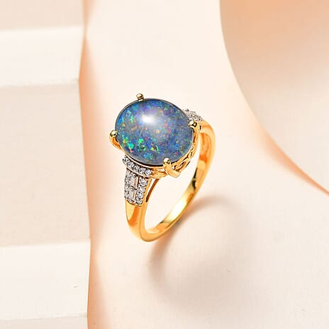 Boulder Opal & Moissanite Ring in 18K Vermeil Yellow Gold Plated Sterling Silver 3.24 Ct.