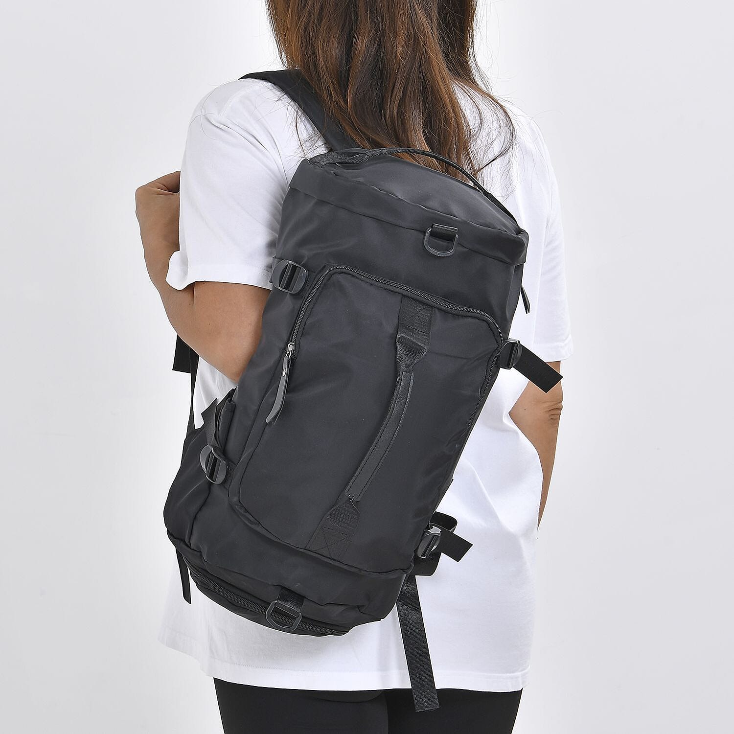 Multi-Function Travel Bag with Backpack Straps & 4 Exterior Zipped Pockets - Black