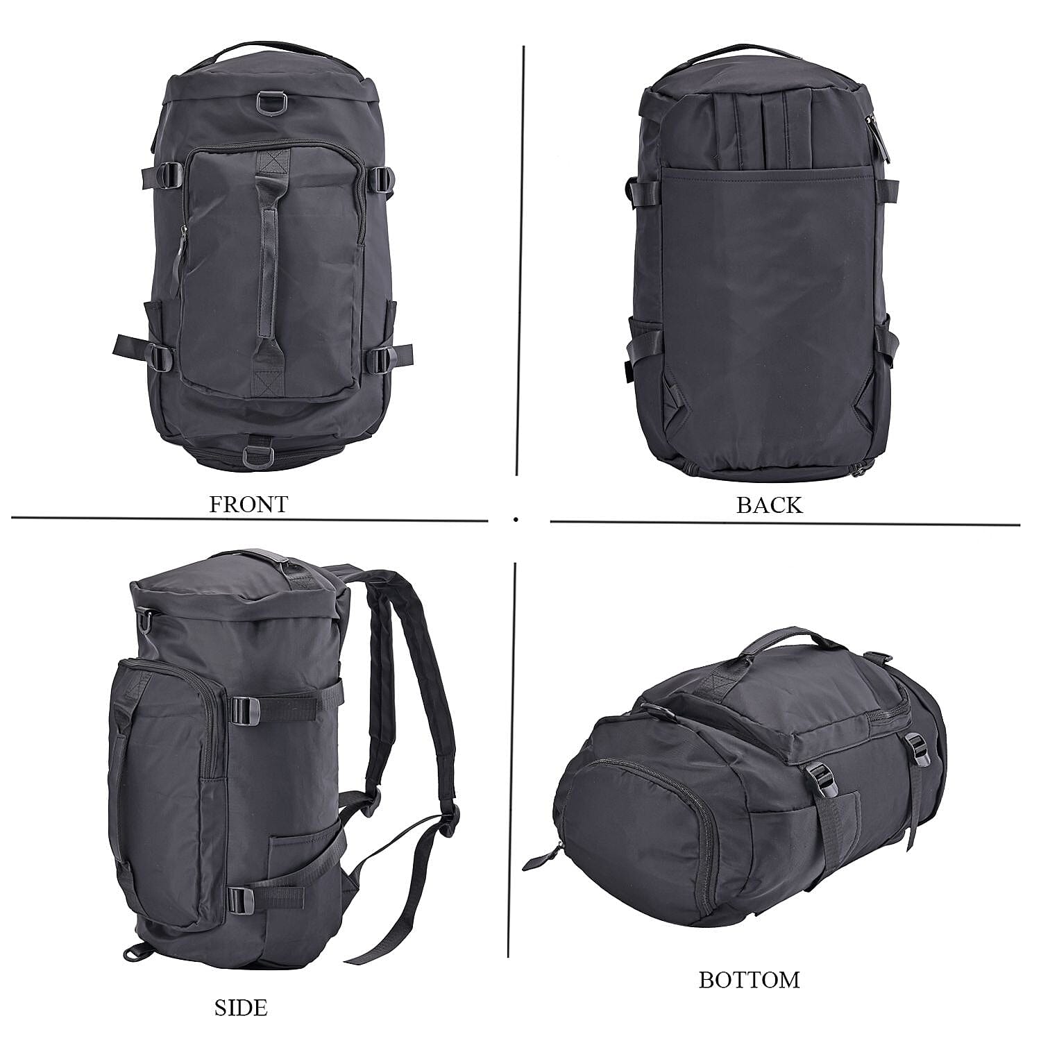 Multi-Function Travel Bag with Backpack Straps & 4 Exterior Zipped Pockets - Black