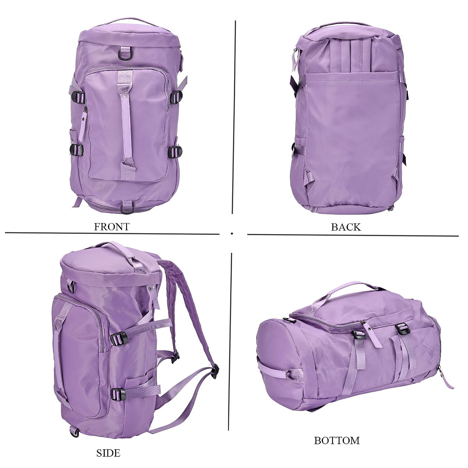 Multi-Function Travel Bag With Backpack Straps & 4 Exterior Zipped Pockets - Purple