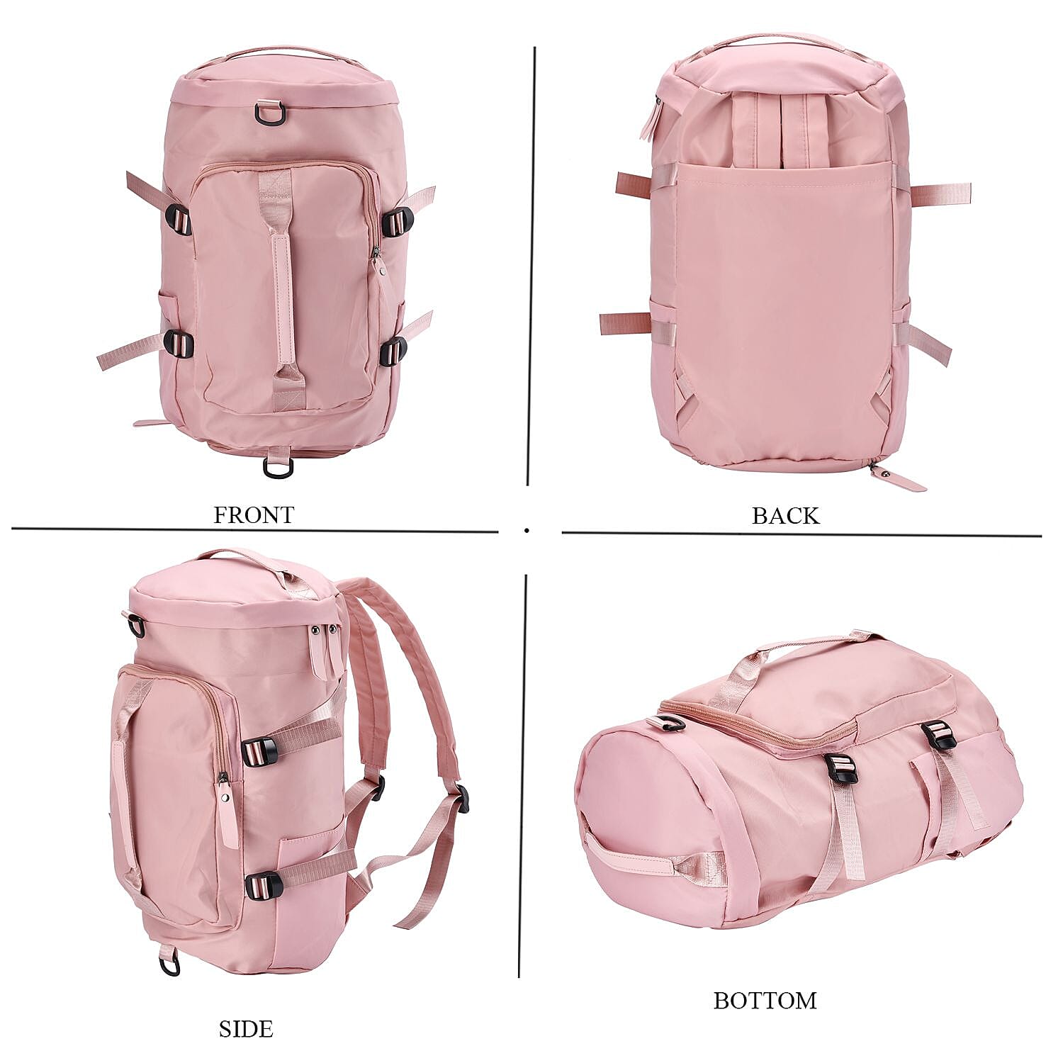 Multi-Function Travel Bag with Backpack Straps & 4 Exterior Zipped Pockets - Pink