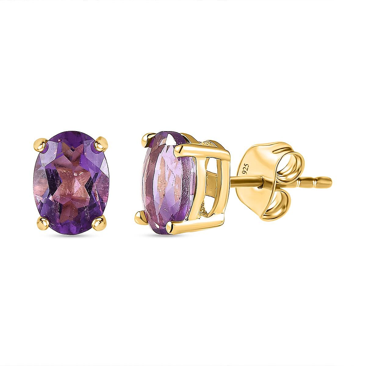 Pink Amethyst Stud Earrings with Push Back in 18K Vermeil Yellow Gold Plated Sterling Silver 1.34 Ct.