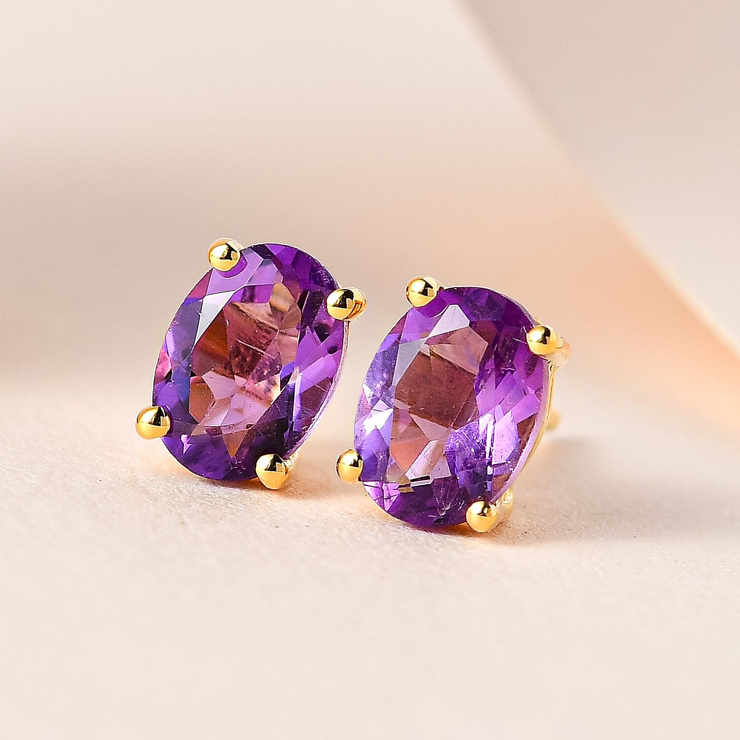 Pink Amethyst Stud Earrings with Push Back in 18K Vermeil Yellow Gold Plated Sterling Silver 1.34 Ct.