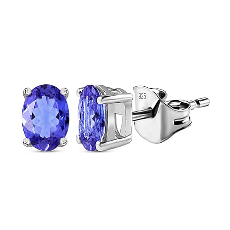 Tanzanite Stud Solitaire Earrings With Push Back in Platinum Overlay Sterling Silver 0.88 Ct.
