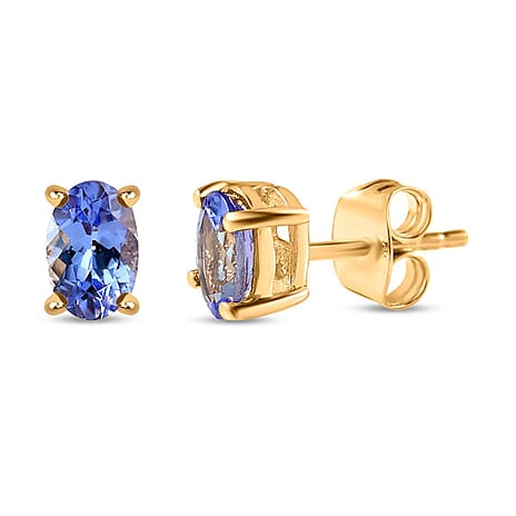Tanzanite Solitaire Earrings with Push Back in 18K Vermeil Yellow Gold Plated Sterling Silver 0.90 Ct.