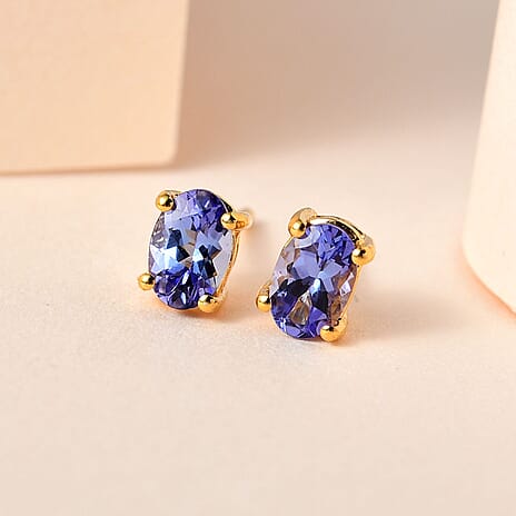 D'Joy Tanzanite Solitaire Earrings with Push Back in 18K Vermeil Yellow Gold Plated Sterling Silver 0.96 Ct.