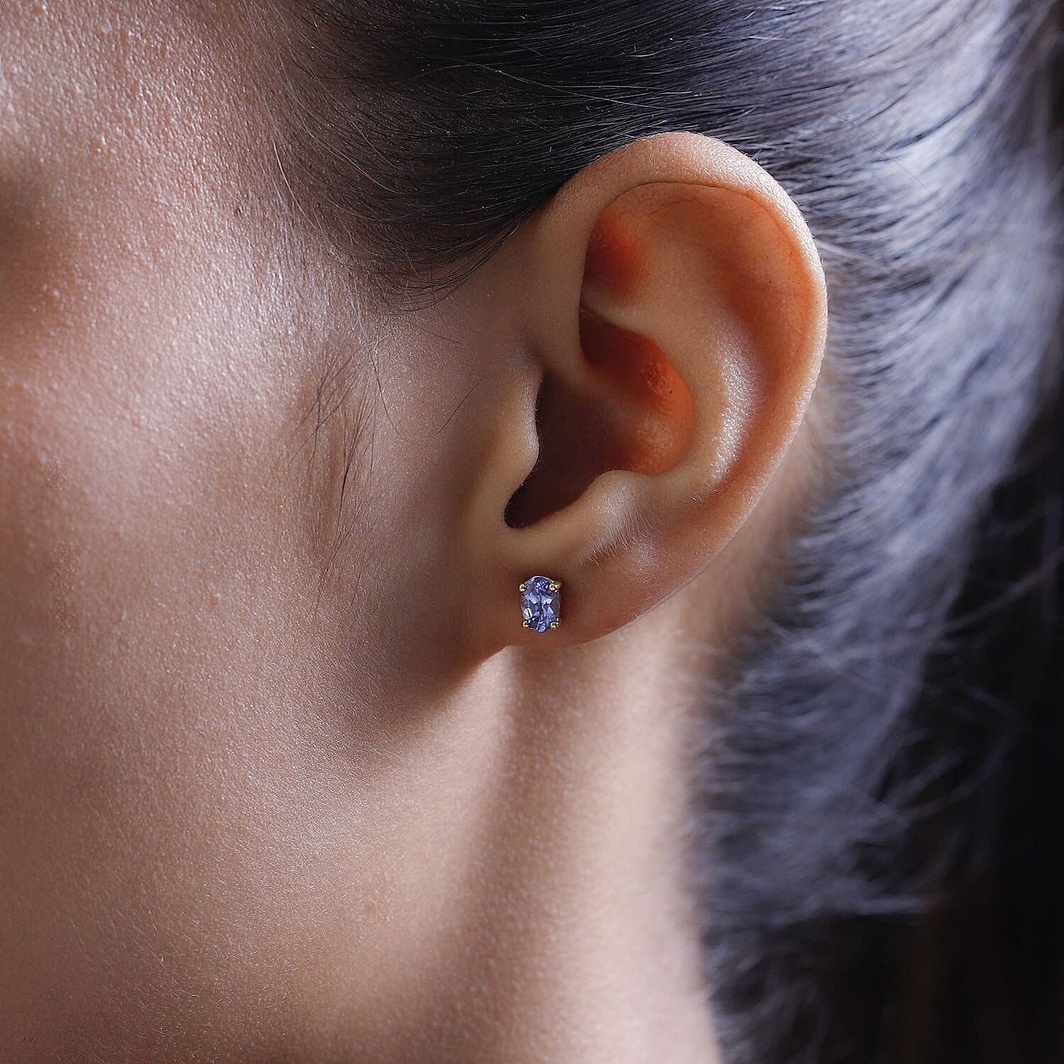 Tanzanite Solitaire Earrings with Push Back in 18K Vermeil Yellow Gold Plated Sterling Silver 0.90 Ct.