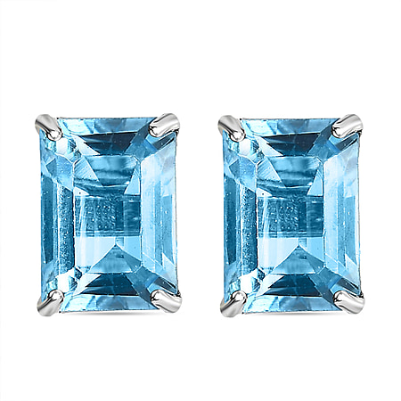 Blue Topaz Solitaire Stud Earrings in Platinum Overlay Sterling Silver 2.43 Ct.