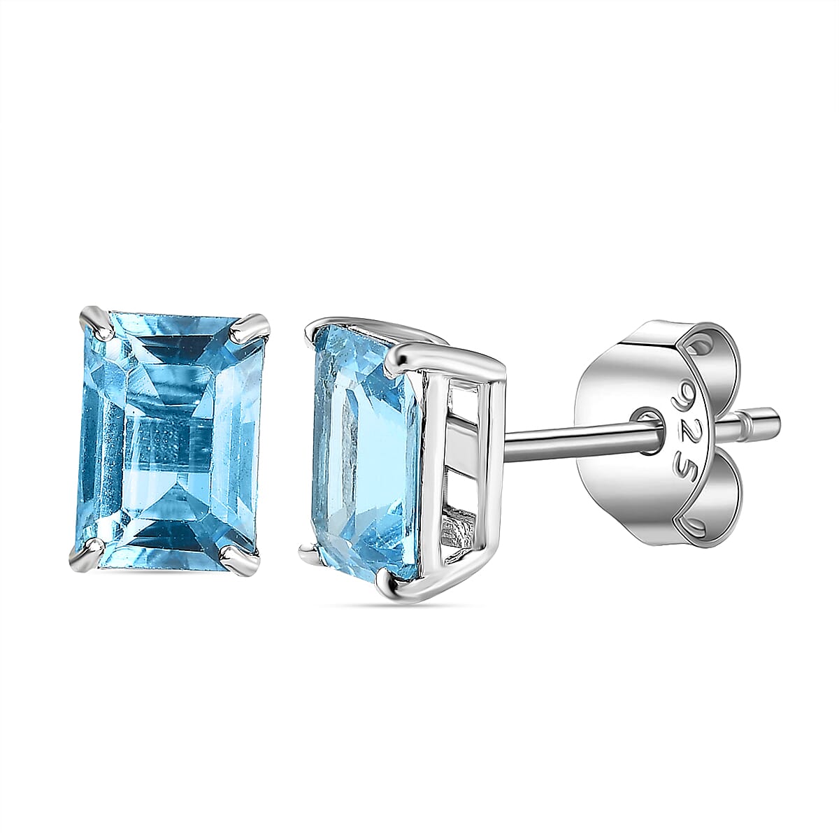 Blue Topaz Solitaire Stud Earrings in Platinum Overlay Sterling Silver 2.43 Ct.