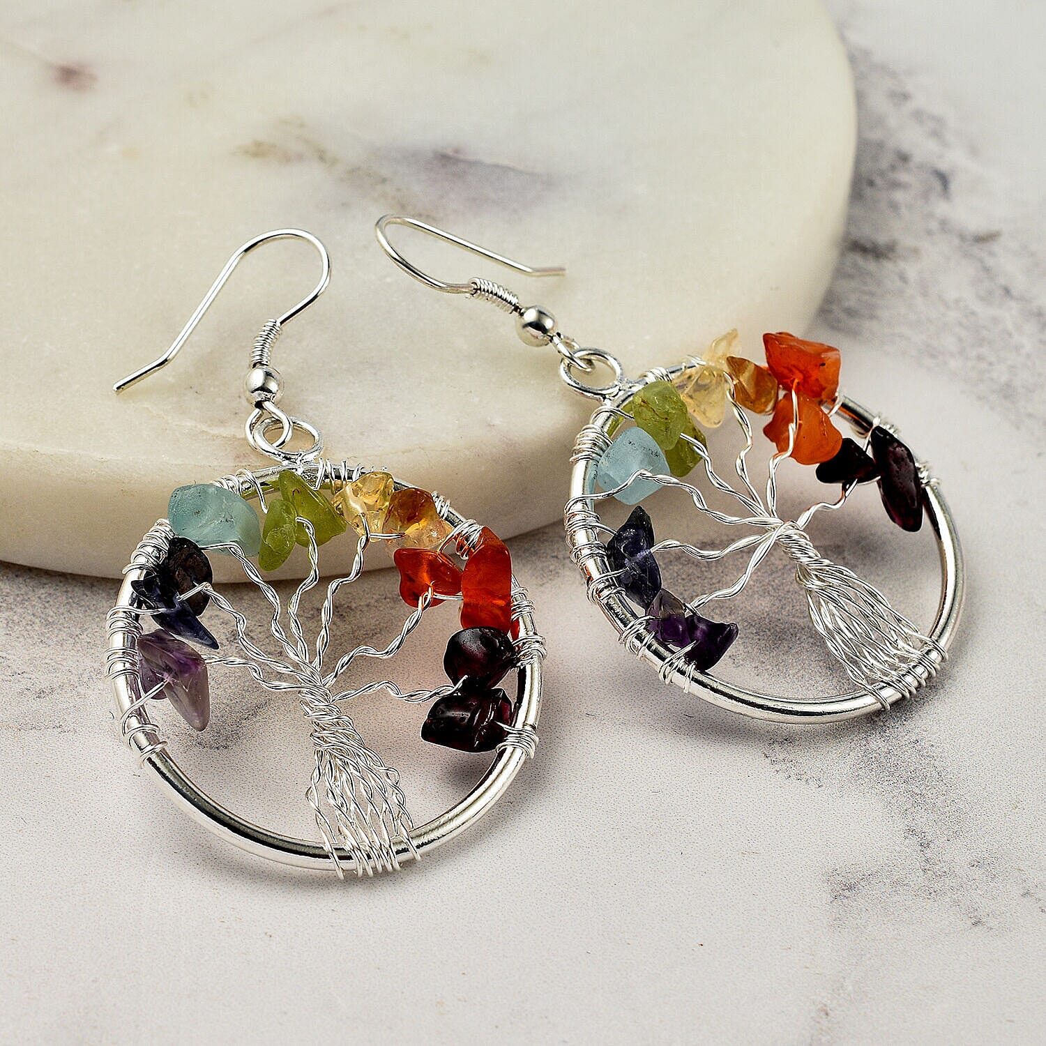 Jaipur Closeout Handmade Multi Gemstone Tree of Life Earrings in Silver Tone 2.00 Ct