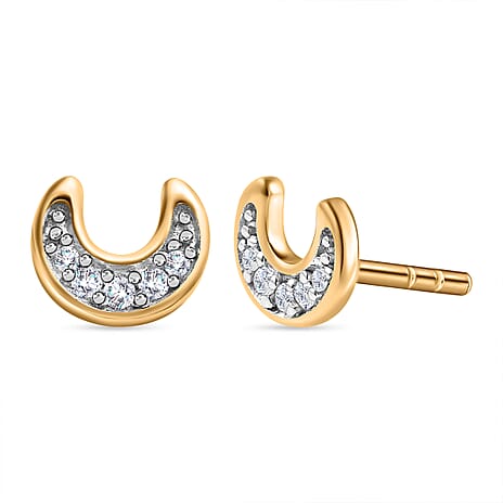 Diamond Stud Moon Earrings (with Push Back) in 18K Vermeil Yellow Gold Plated Sterling Silver 0.058 Ct.