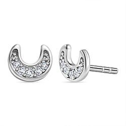 Crescent Moon Diamond Stud Earrings (with Push Back) in Platinum Overlay Sterling Silver