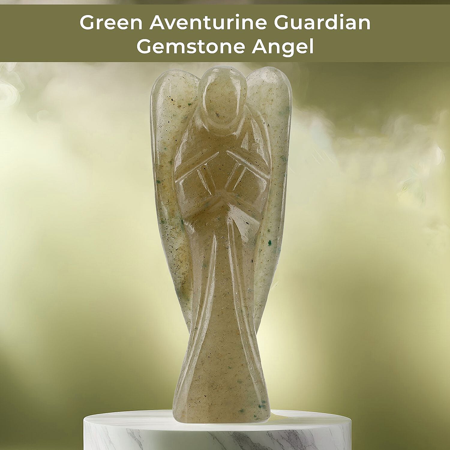 Handcarved Green Aventurine Guardian Angel Figurine Sculpture (Size 8 Cm) - Butterfly Stretchable Bracelet Presented in Velvet Pouch With Gift Card