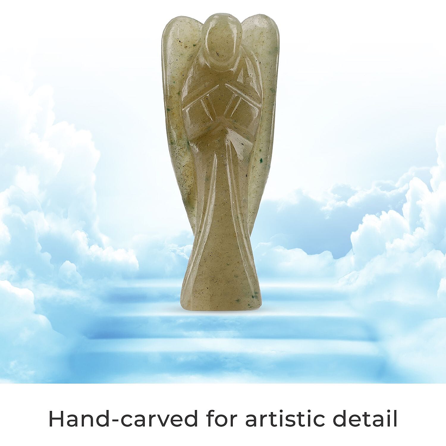 Handcarved Green Aventurine Guardian Angel Figurine Sculpture (Size 8 Cm) - Butterfly Stretchable Bracelet Presented in Velvet Pouch With Gift Card