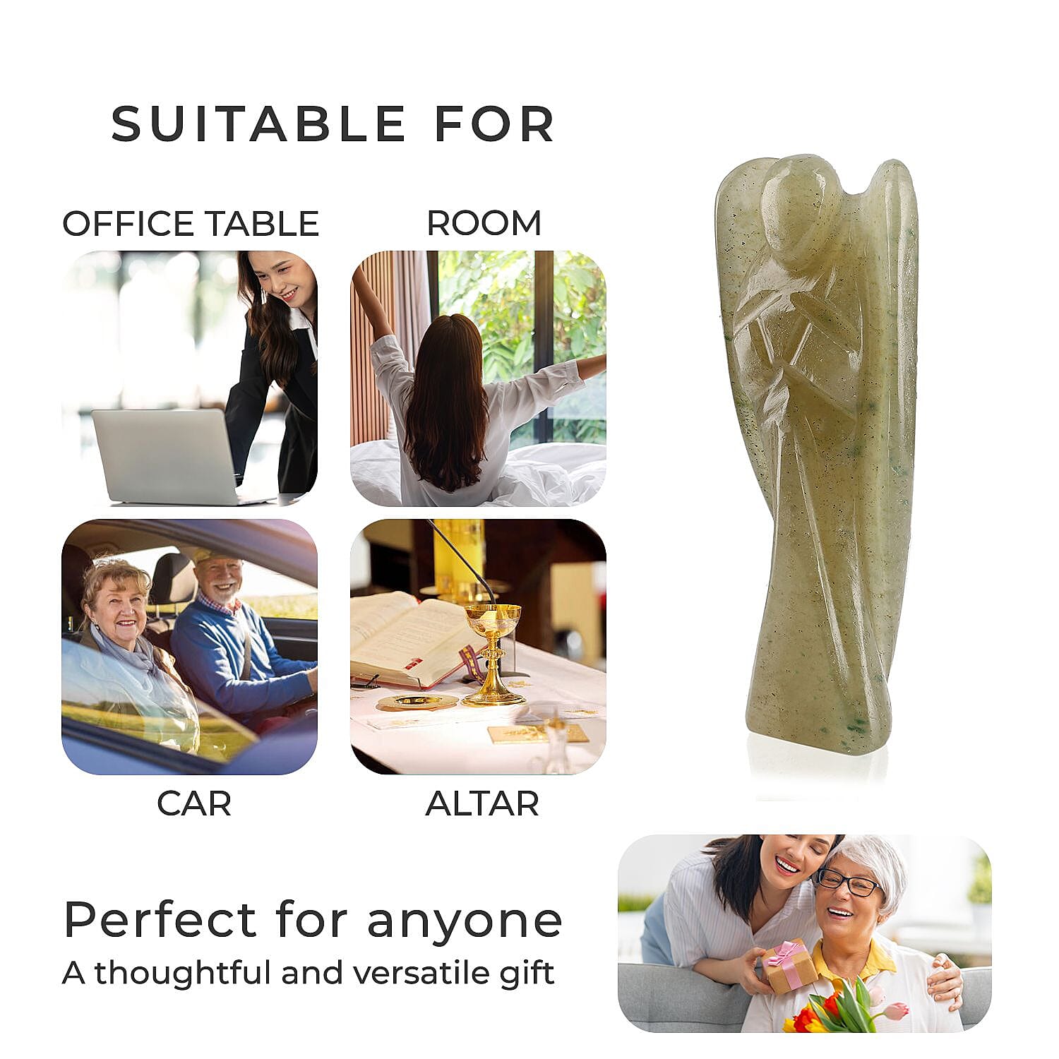 Handcarved Green Aventurine Guardian Angel Figurine Sculpture (Size 8 Cm) - Butterfly Stretchable Bracelet Presented in Velvet Pouch With Gift Card