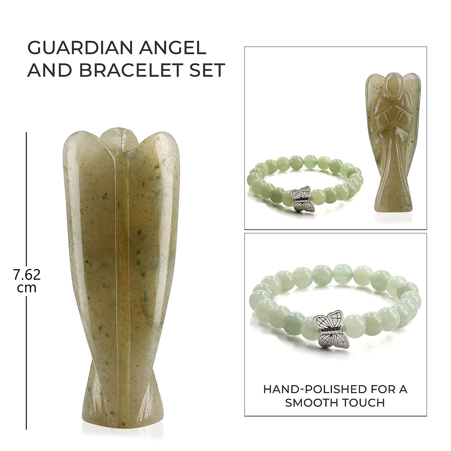 Handcarved Green Aventurine Guardian Angel Figurine Sculpture (Size 8 Cm) - Butterfly Stretchable Bracelet Presented in Velvet Pouch With Gift Card