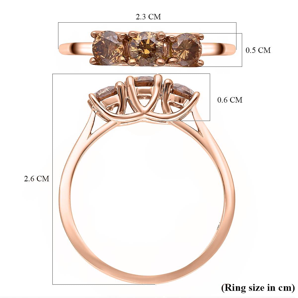 9K Rose Gold Natural SGL Certified Champagne Diamond  Trilogy Ring 1.00 Ct