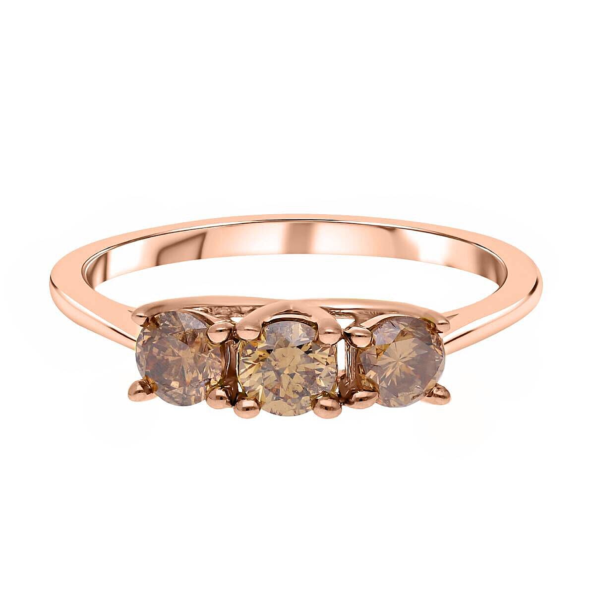 9K Rose Gold Natural SGL Certified Champagne Diamond  Trilogy Ring 1.00 Ct