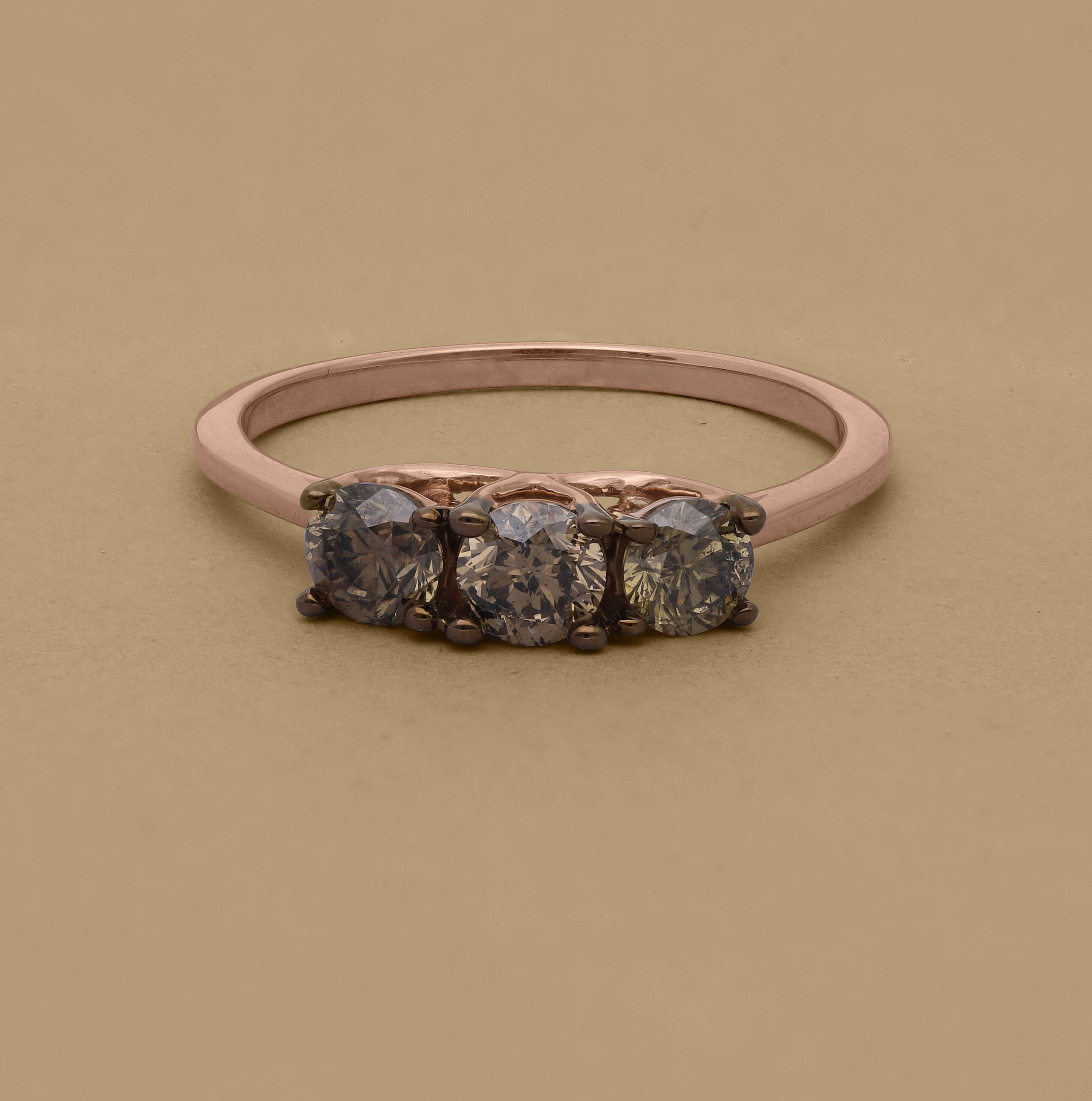 9K Rose Gold Natural SGL Certified Champagne Diamond  Trilogy Ring 1.00 Ct