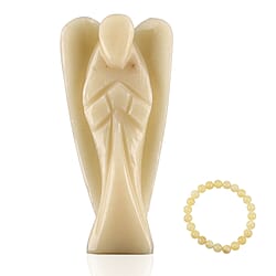 Handcarved Green Aventurine Guardian Angel Figurine Sculpture (Size 8 Cm) - Butterfly Stretchable Bracelet Presented in Velvet Pouch With Gift Card