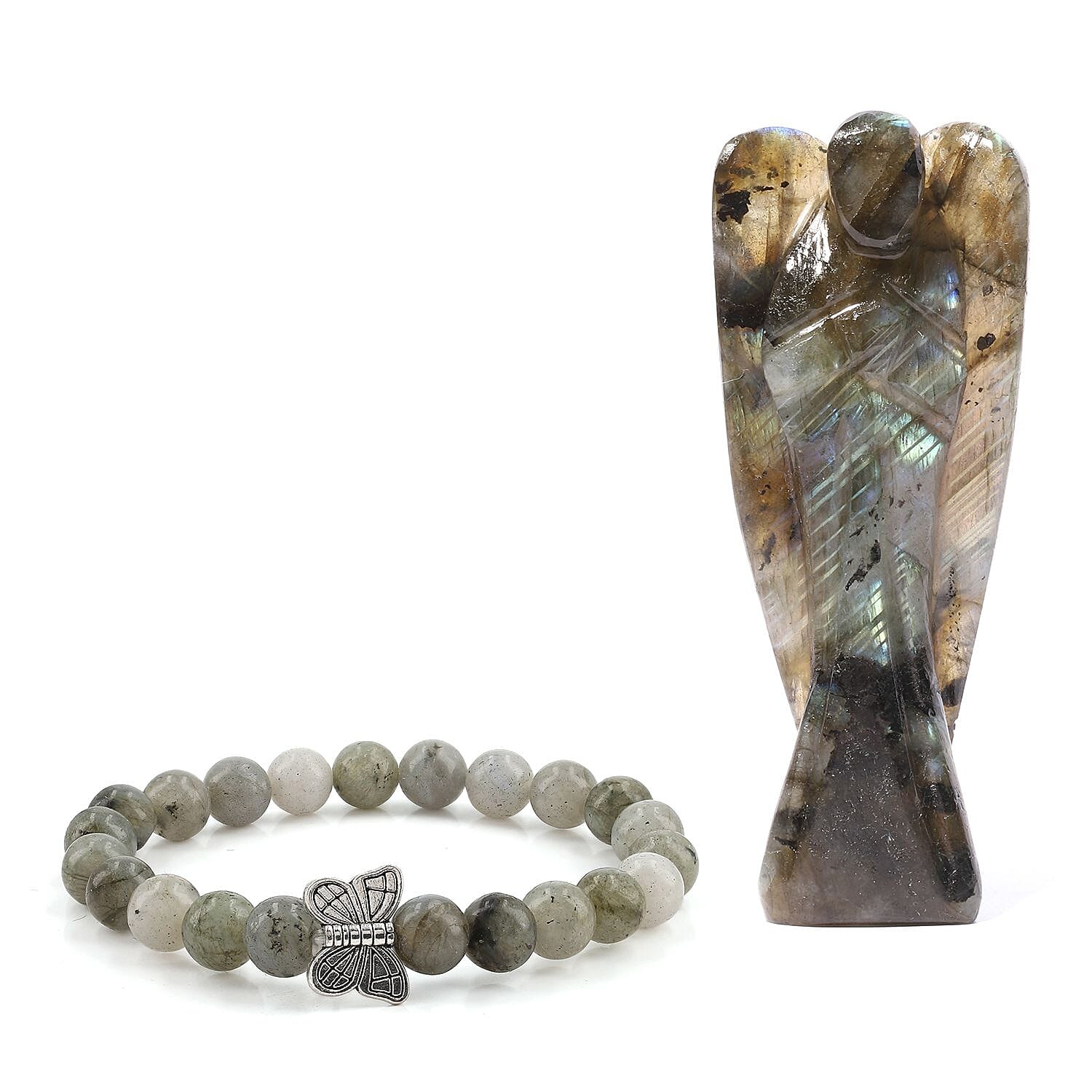 Handcarved - Labradorite Guardian Gemstone Angel Figurines Sculpture (Size 8.00 Cm) - Stretch Bracelet (Size 7.5) - Green