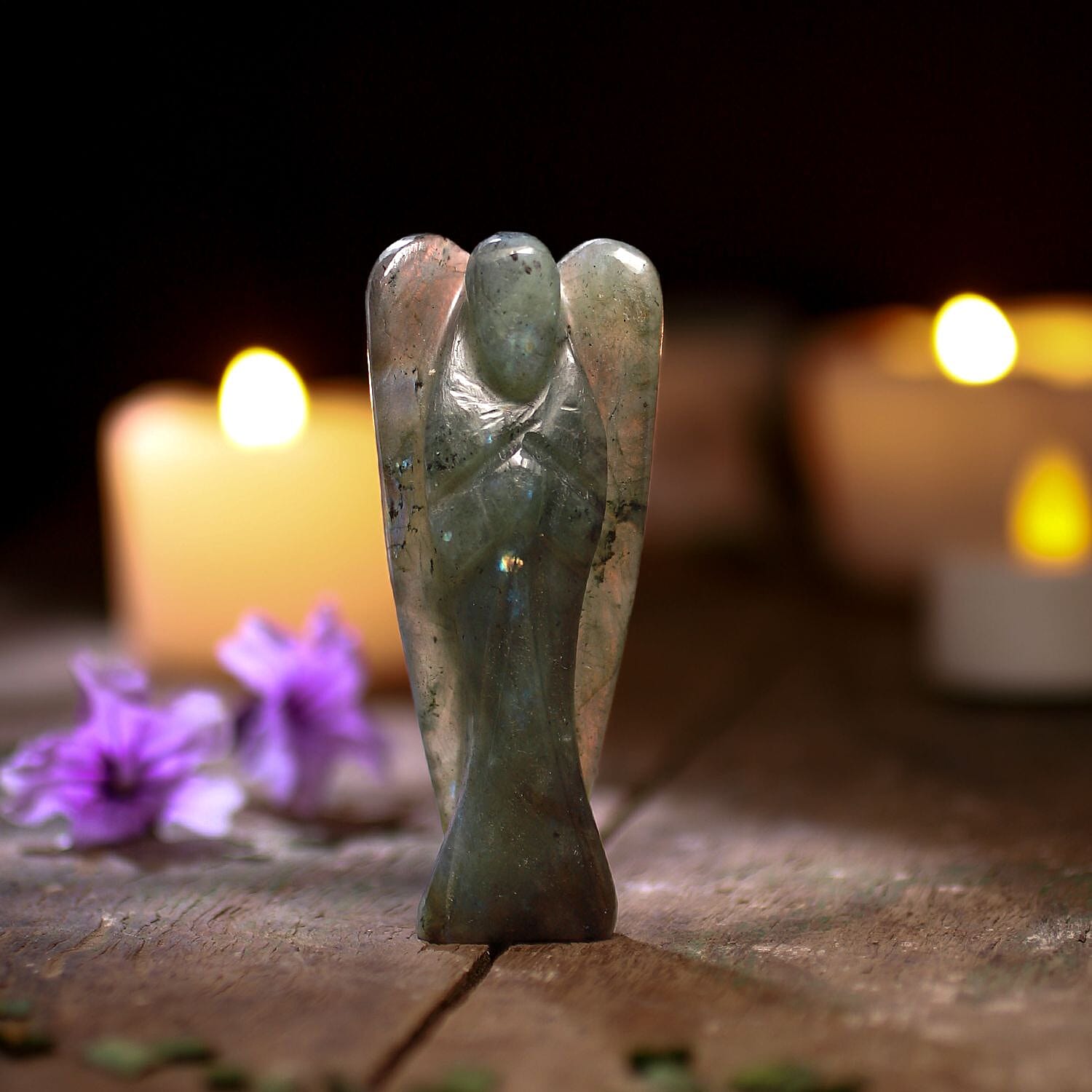 Handcarved - Labradorite Guardian Gemstone Angel Figurines Sculpture (Size 8.00 Cm) - Stretch Bracelet (Size 7.5) - Green