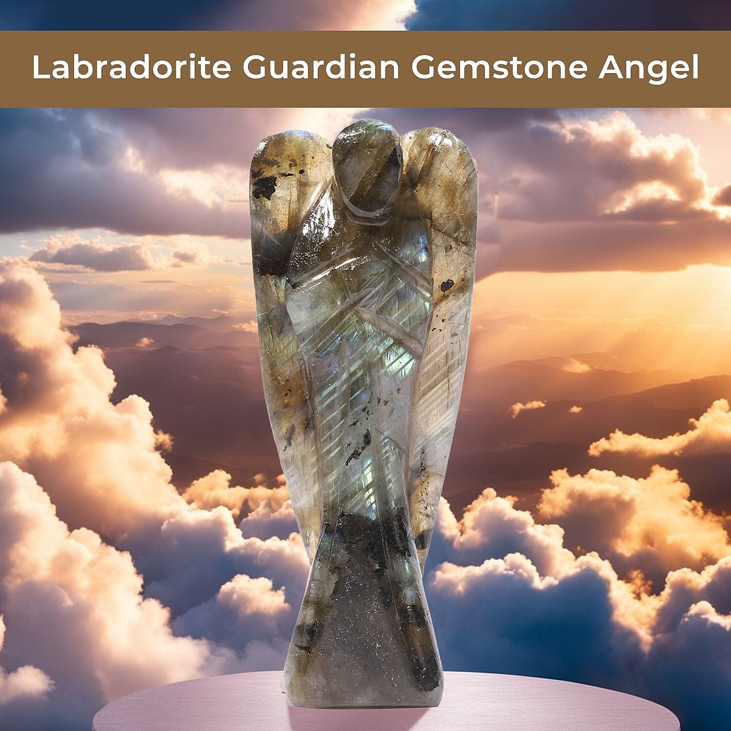 Handcarved - Labradorite Guardian Gemstone Angel Figurines Sculpture (Size 8.00 Cm) - Stretch Bracelet (Size 7.5) - Green