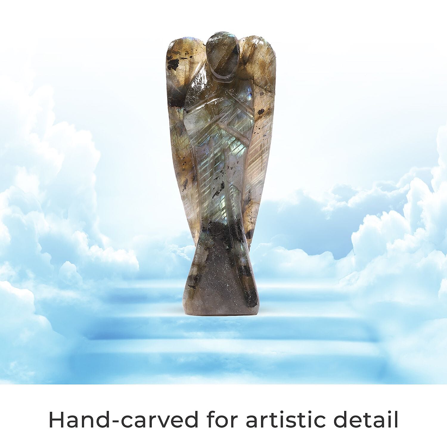 Handcarved - Labradorite Guardian Gemstone Angel Figurines Sculpture (Size 8.00 Cm) - Stretch Bracelet (Size 7.5) - Green
