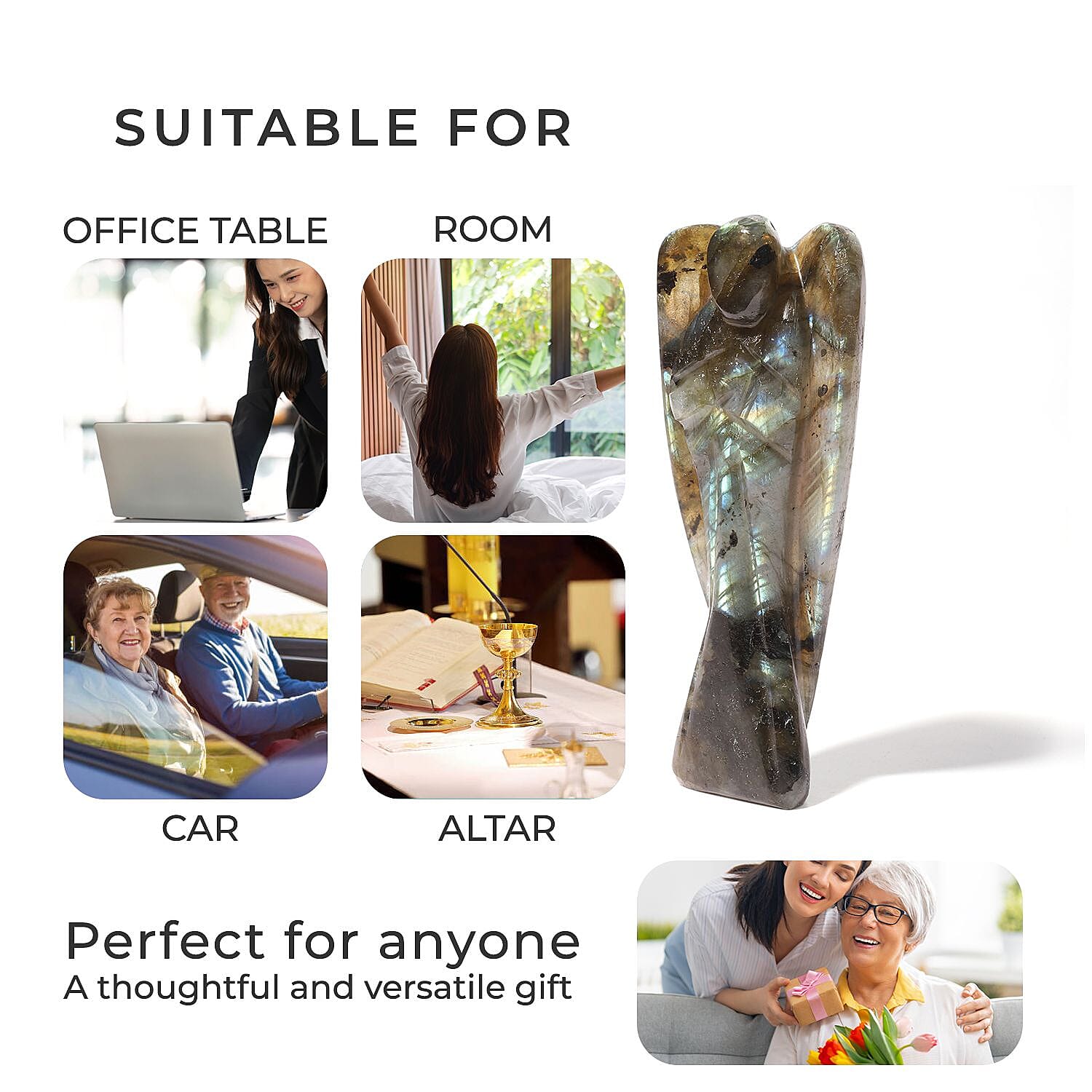 Handcarved - Labradorite Guardian Gemstone Angel Figurines Sculpture (Size 8.00 Cm) - Stretch Bracelet (Size 7.5) - Green