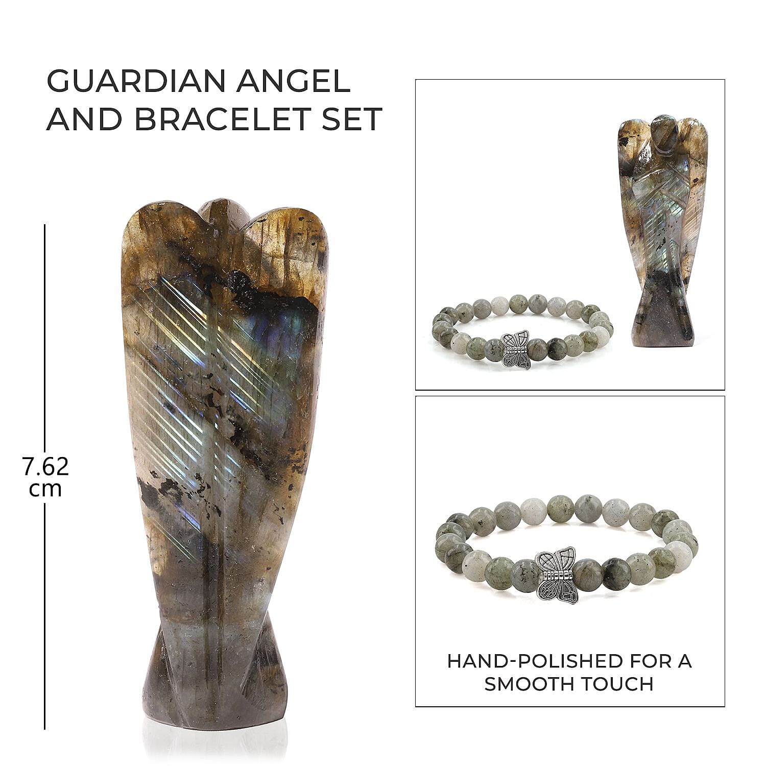 Handcarved - Labradorite Guardian Gemstone Angel Figurines Sculpture (Size 8.00 Cm) - Stretch Bracelet (Size 7.5) - Green
