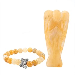 Handcarved Green Aventurine Guardian Angel Figurine Sculpture (Size 8 Cm) - Butterfly Stretchable Bracelet Presented in Velvet Pouch With Gift Card