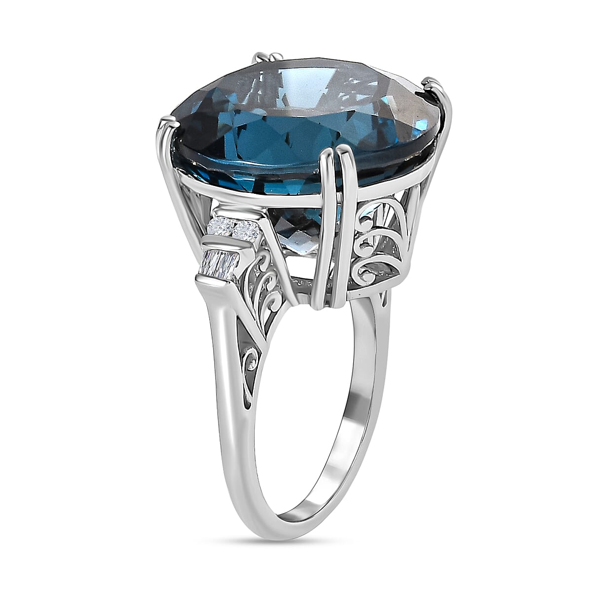 London Blue Topaz & Diamond Ring in Platinum Overlay Sterling Silver 22.11 Ct, Silver Wt. 5.05 Gms