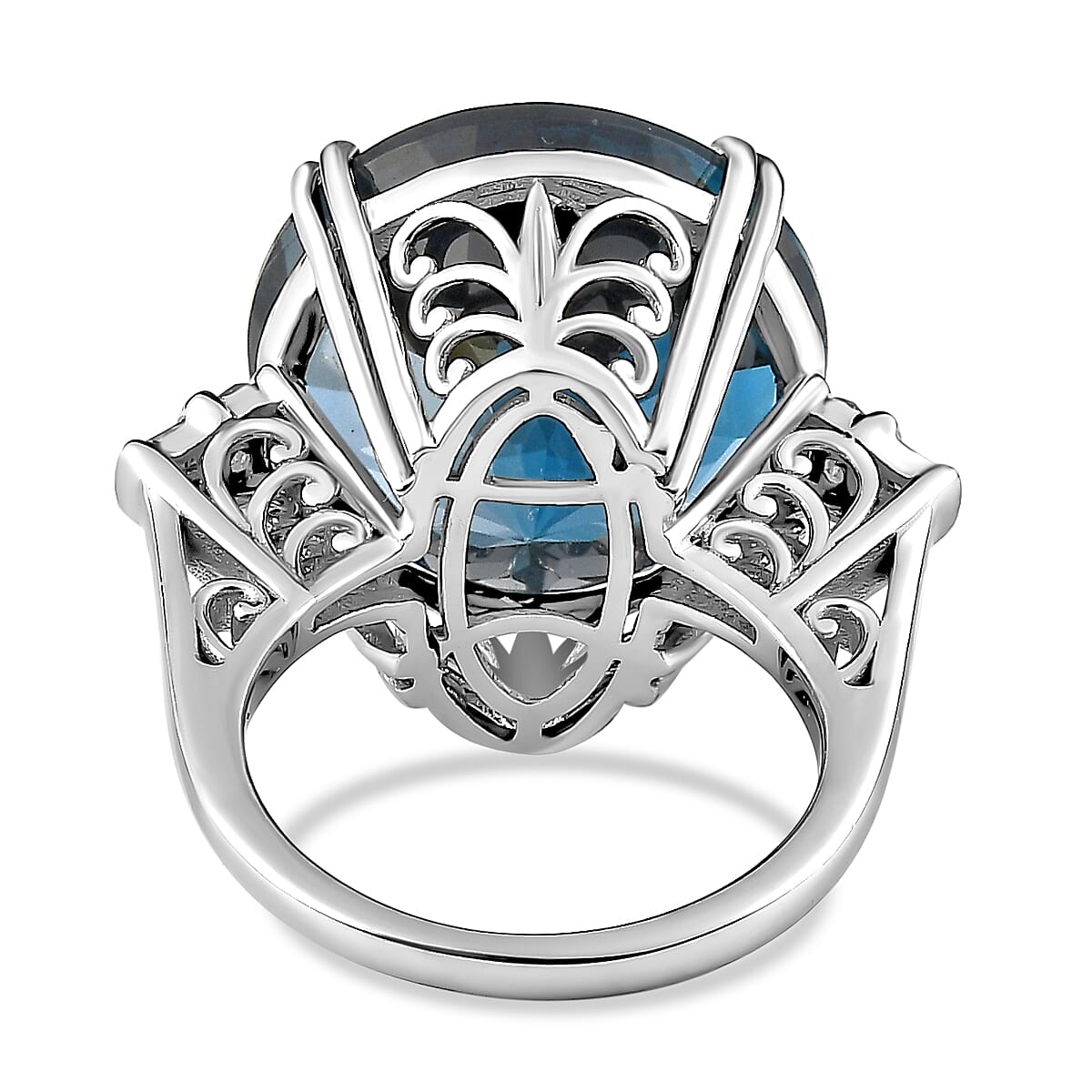 London Blue Topaz & Diamond Ring in Platinum Overlay Sterling Silver 22.11 Ct, Silver Wt. 5.05 Gms