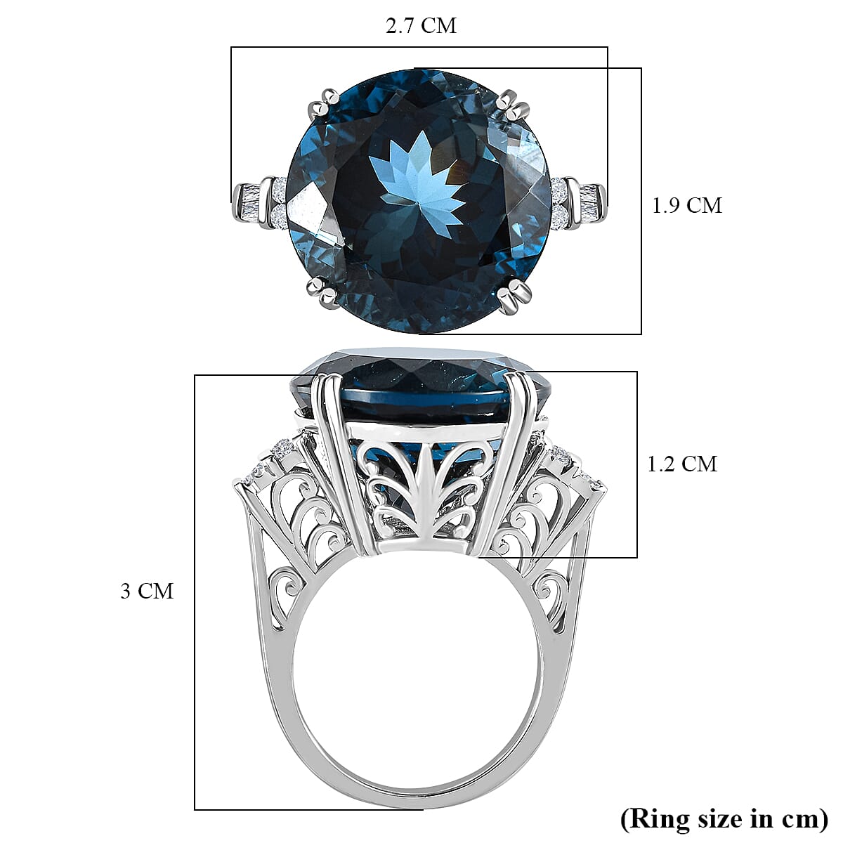 London Blue Topaz & Diamond Ring in Platinum Overlay Sterling Silver 22.11 Ct, Silver Wt. 5.05 Gms