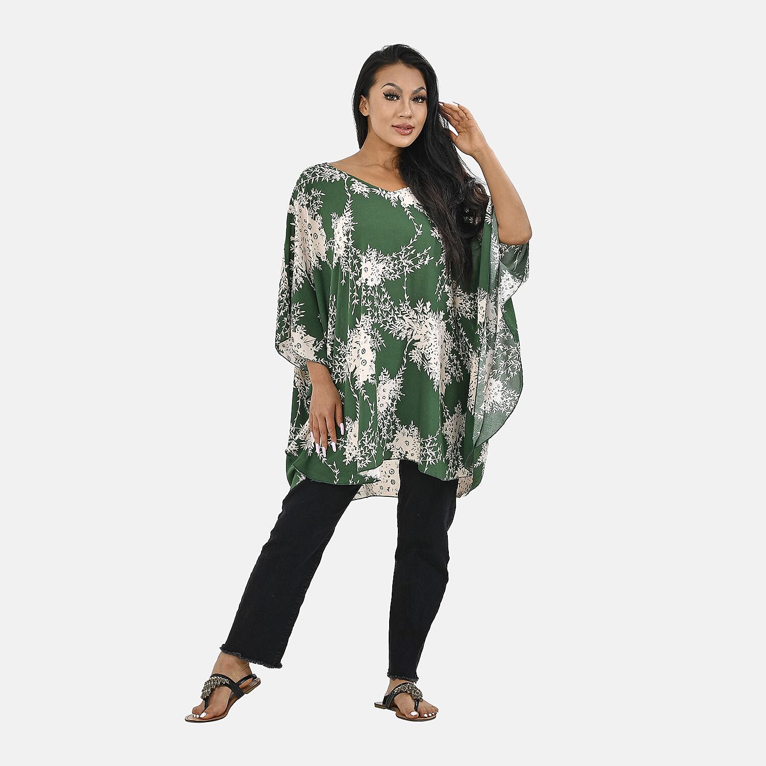 Tamsy 100% Viscose Wave Print Top (Curve Size 20-26) - Green and Beige