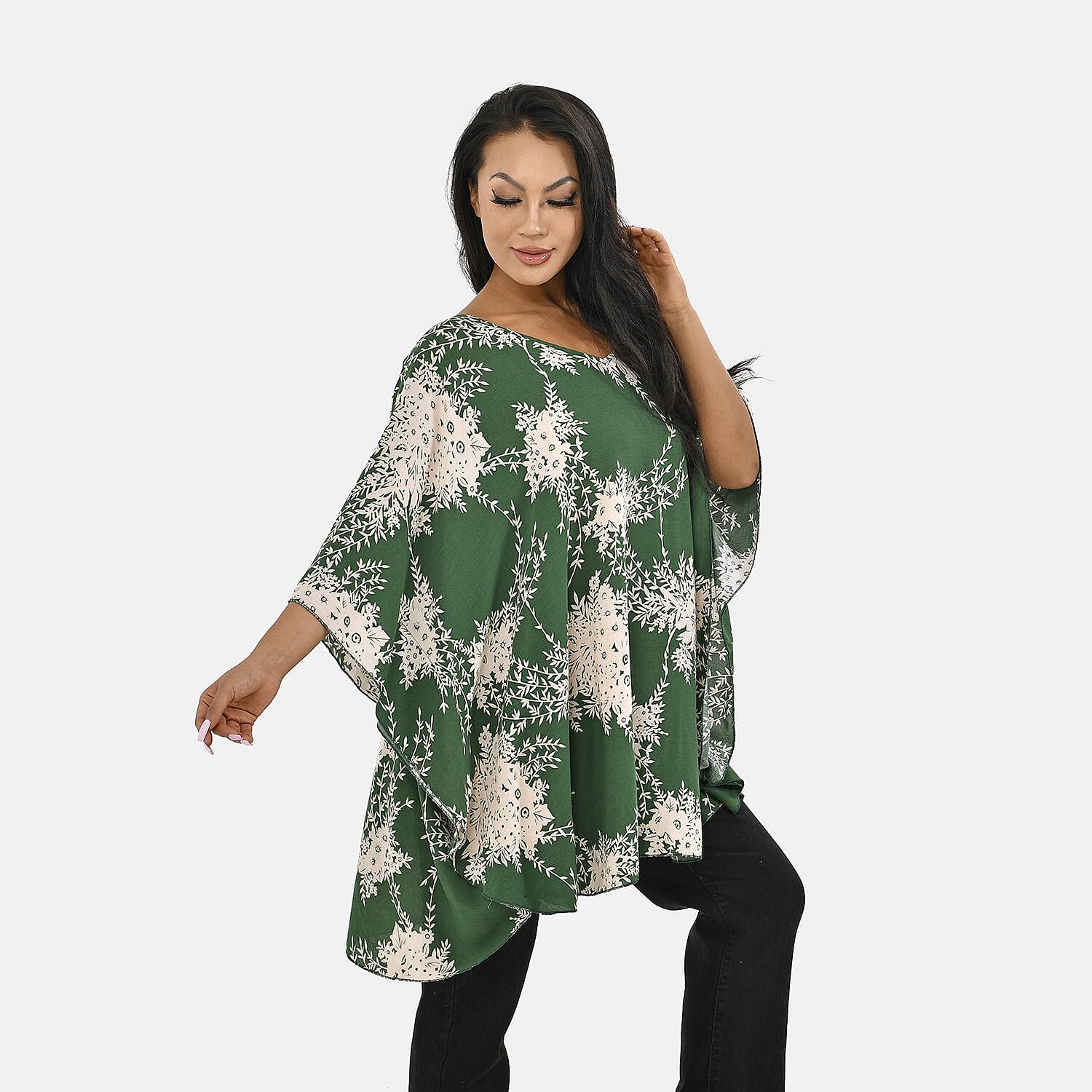 Tamsy 100% Viscose Wave Print Top (Curve Size 20-26) - Green and Beige