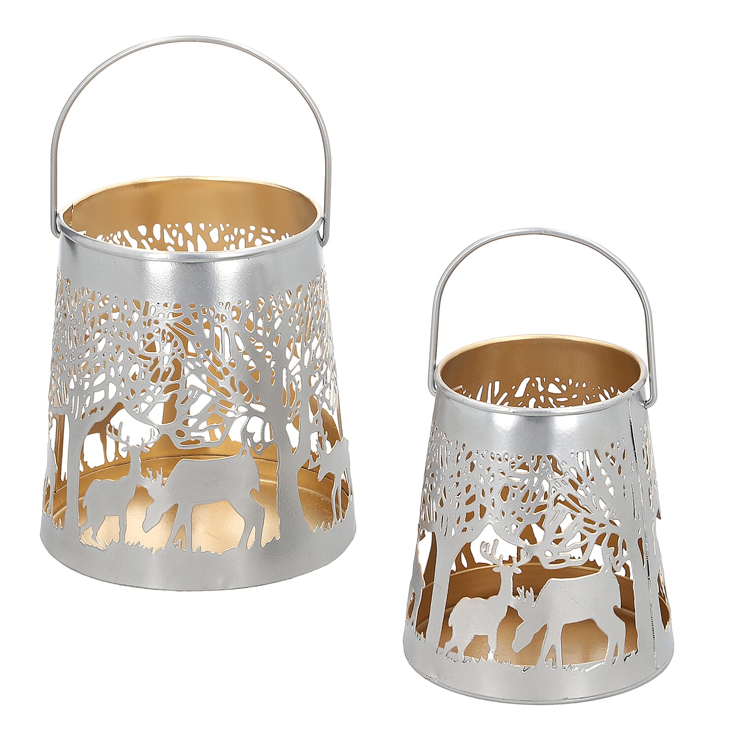 Set of 2 - Stunning Metal Etched Reindeer Pattern Hanging Lantern (Size 15x15x13 cm) - Silver