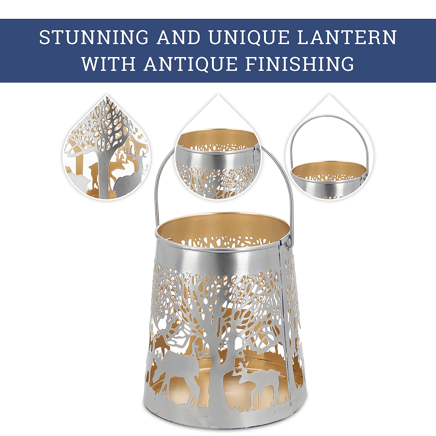 Set of 2 - Stunning Metal Etched Reindeer Pattern Hanging Lantern (Size 15x15x13 cm) - Silver