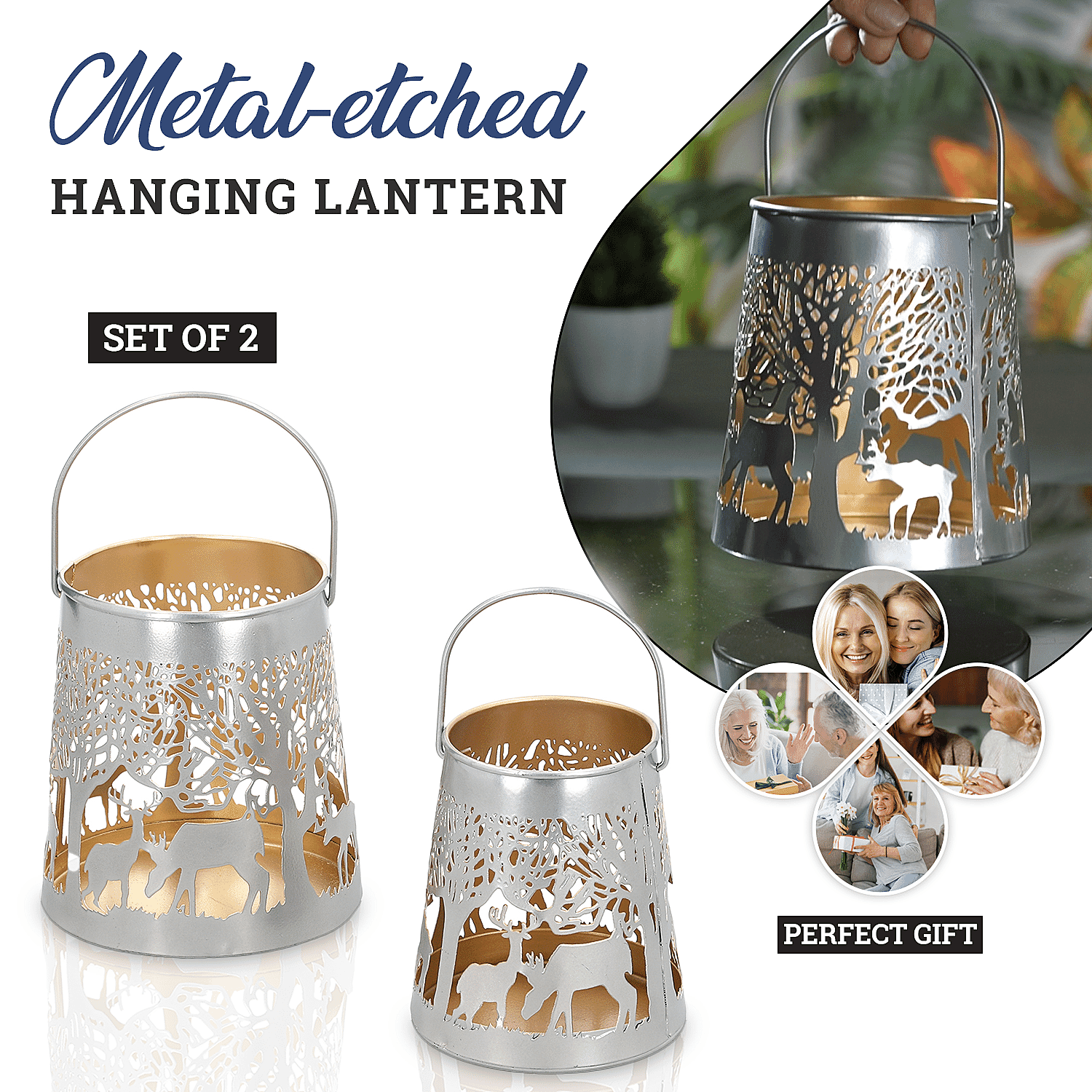 Set of 2 - Stunning Metal Etched Reindeer Pattern Hanging Lantern (Size 15x15x13 cm) - Silver
