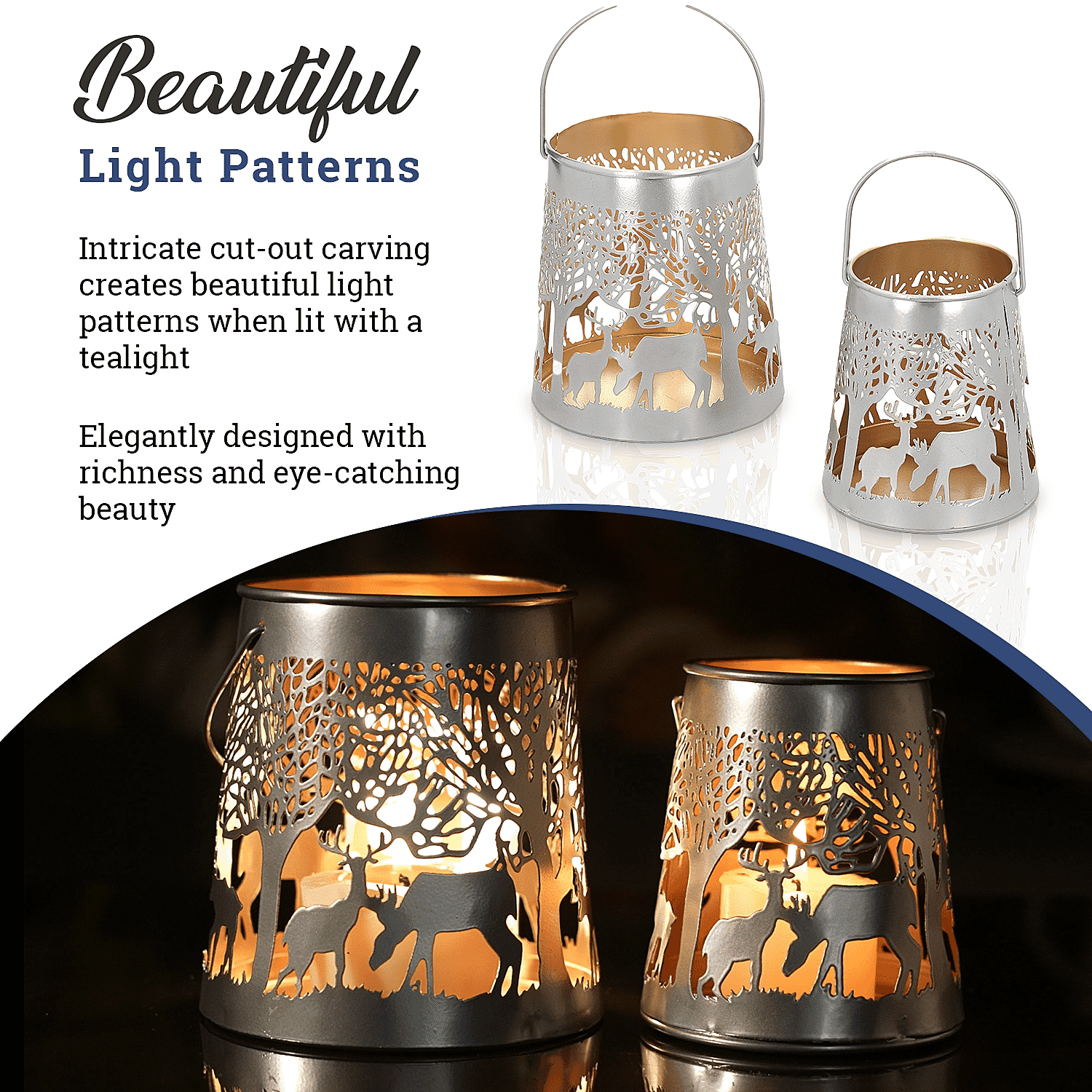 Set of 2 - Stunning Metal Etched Reindeer Pattern Hanging Lantern (Size 15x15x13 cm) - Silver