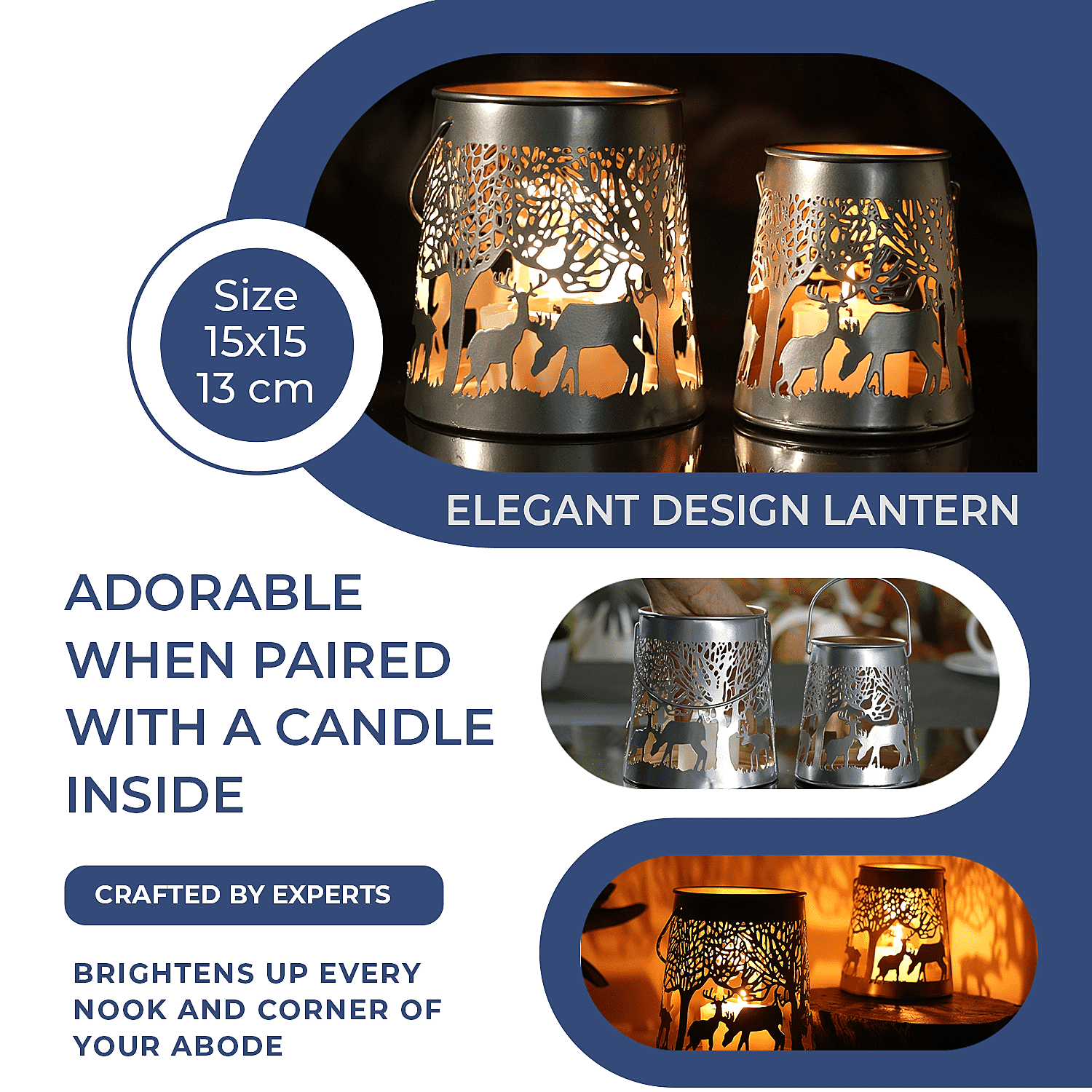 Set of 2 - Stunning Metal Etched Reindeer Pattern Hanging Lantern (Size 15x15x13 cm) - Silver