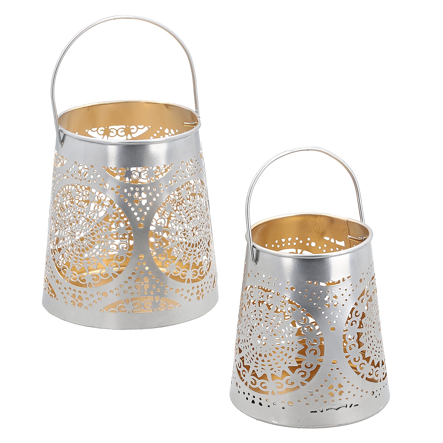 Set of 2 - Stunning Metal Etched Mandala Pattern Hanging Lantern (Size 15x15x13 cm) - Silver