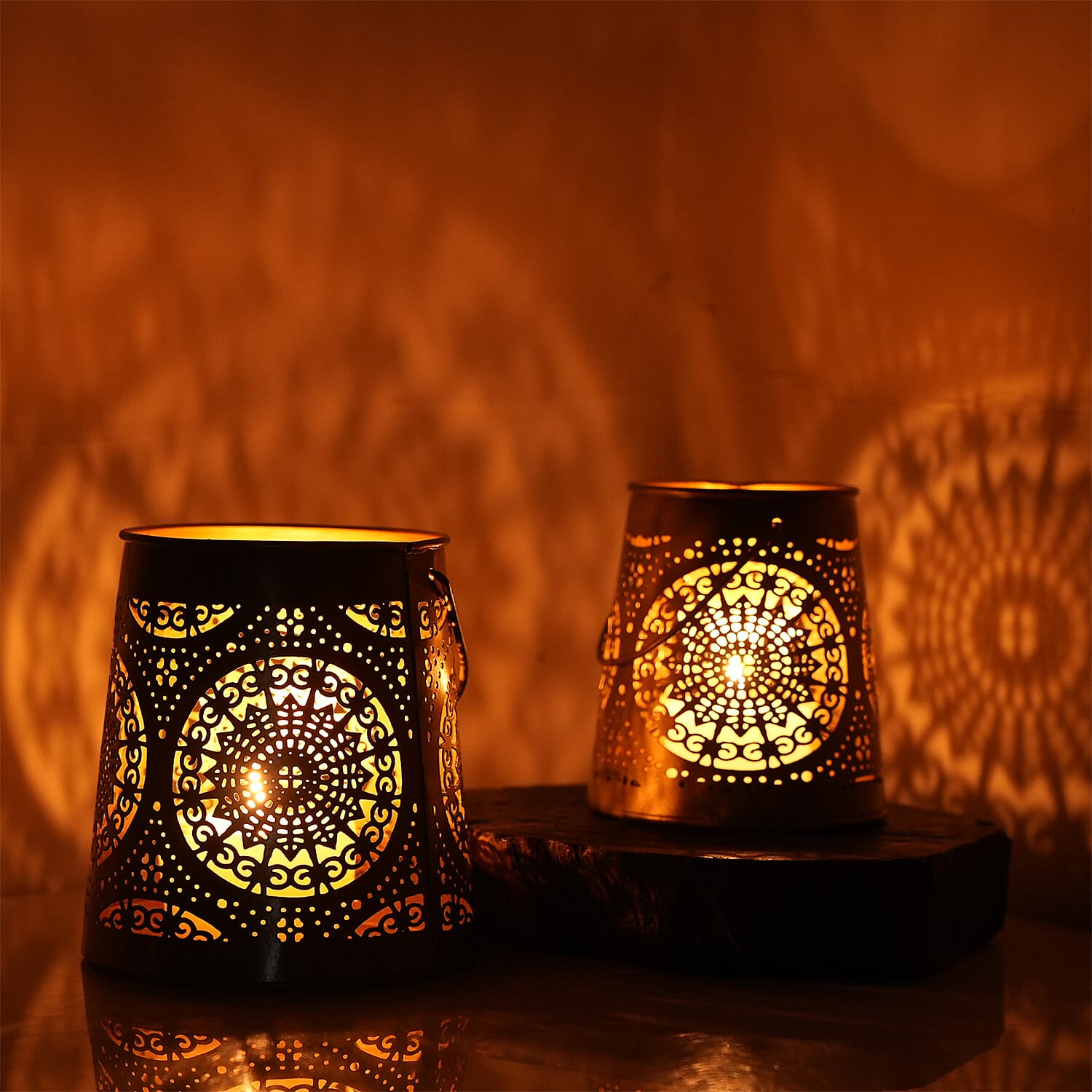 Set of 2 - Stunning Metal Etched Mandala Pattern Hanging Lantern (Size 15x15x13 cm) - Silver