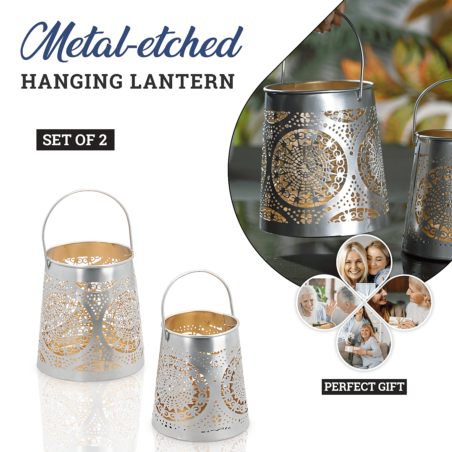 Set of 2 - Stunning Metal Etched Mandala Pattern Hanging Lantern (Size 15x15x13 cm) - Silver
