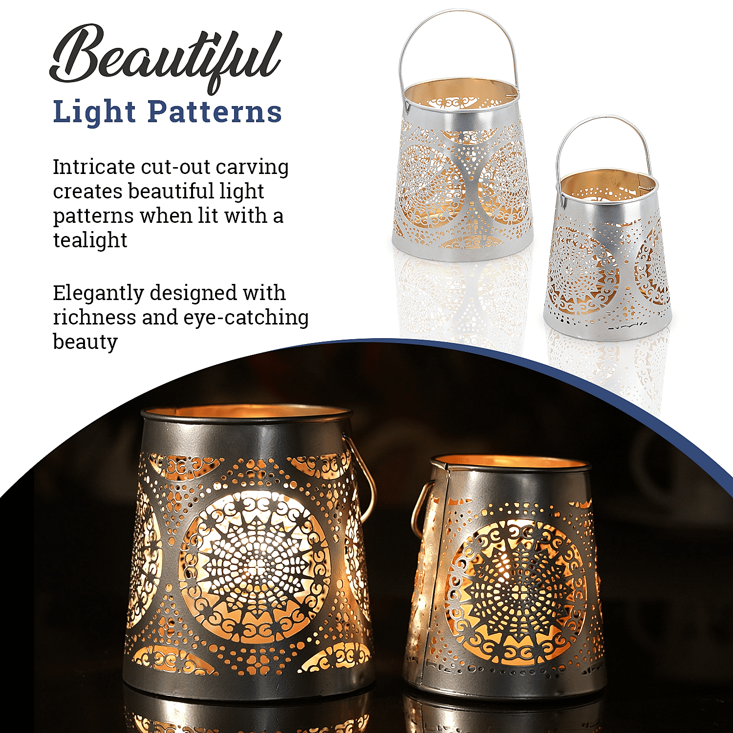 Set of 2 - Stunning Metal Etched Mandala Pattern Hanging Lantern (Size 15x15x13 cm) - Silver