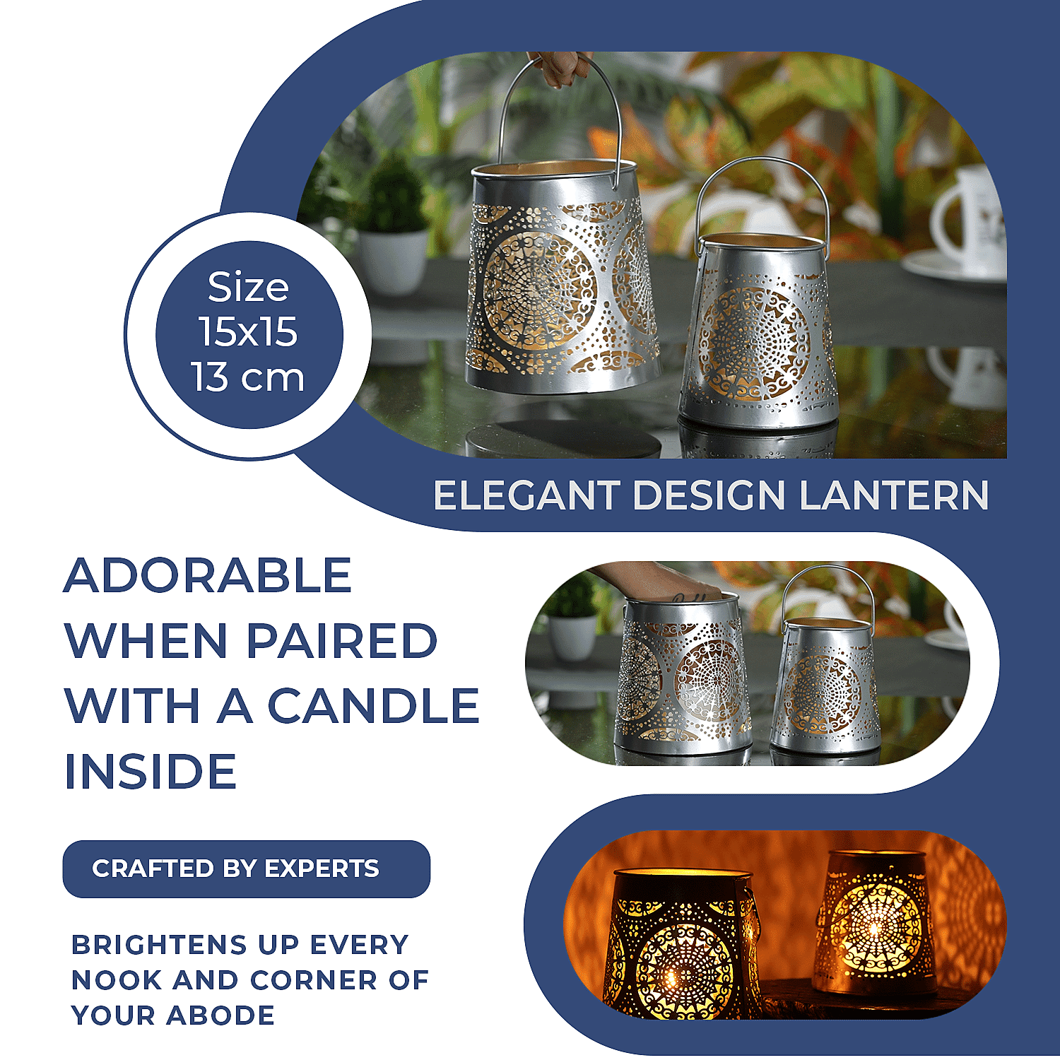 Set of 2 - Stunning Metal Etched Mandala Pattern Hanging Lantern (Size 15x15x13 cm) - Silver