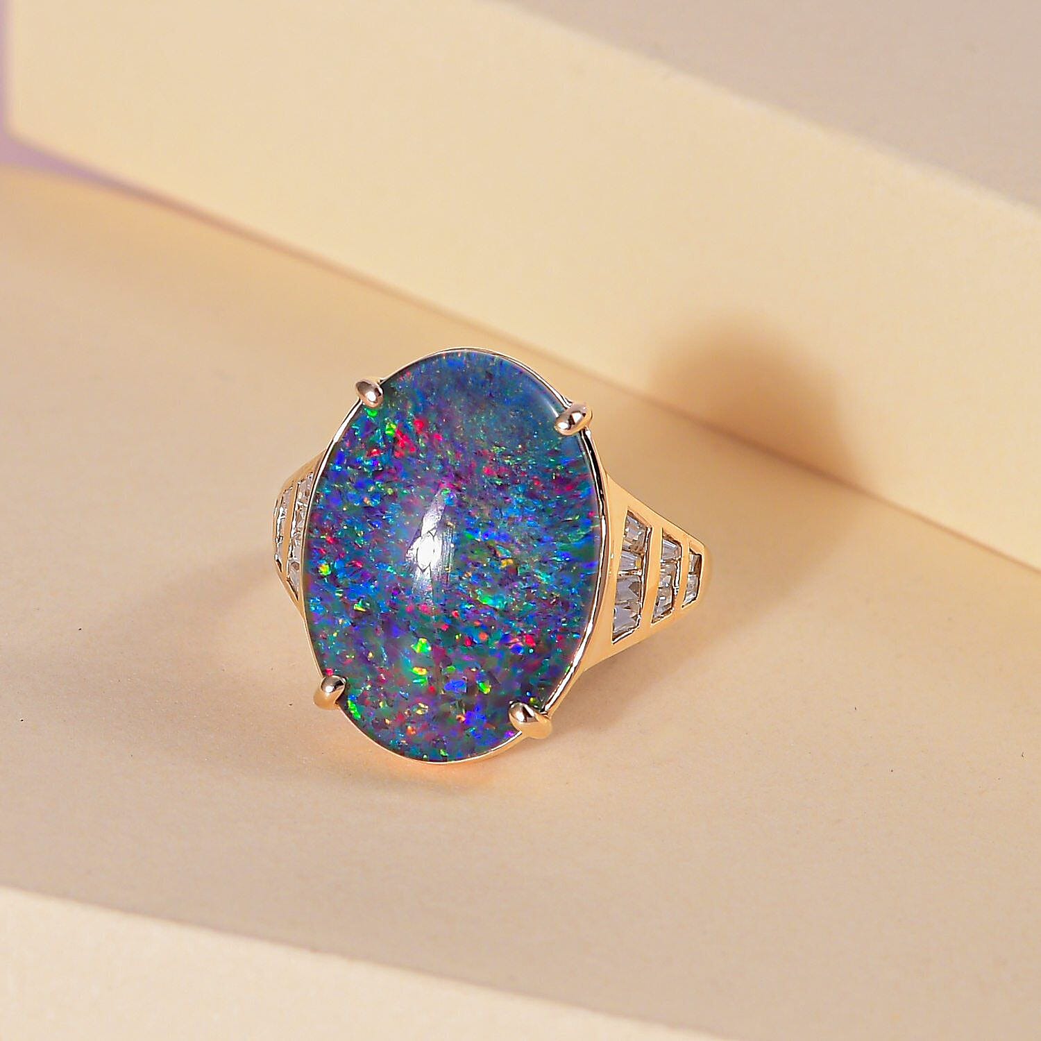 9K Yellow Gold Australian Boulder Opal (OV18X13) and Natural Zircon Ring 7.00 Ct.
