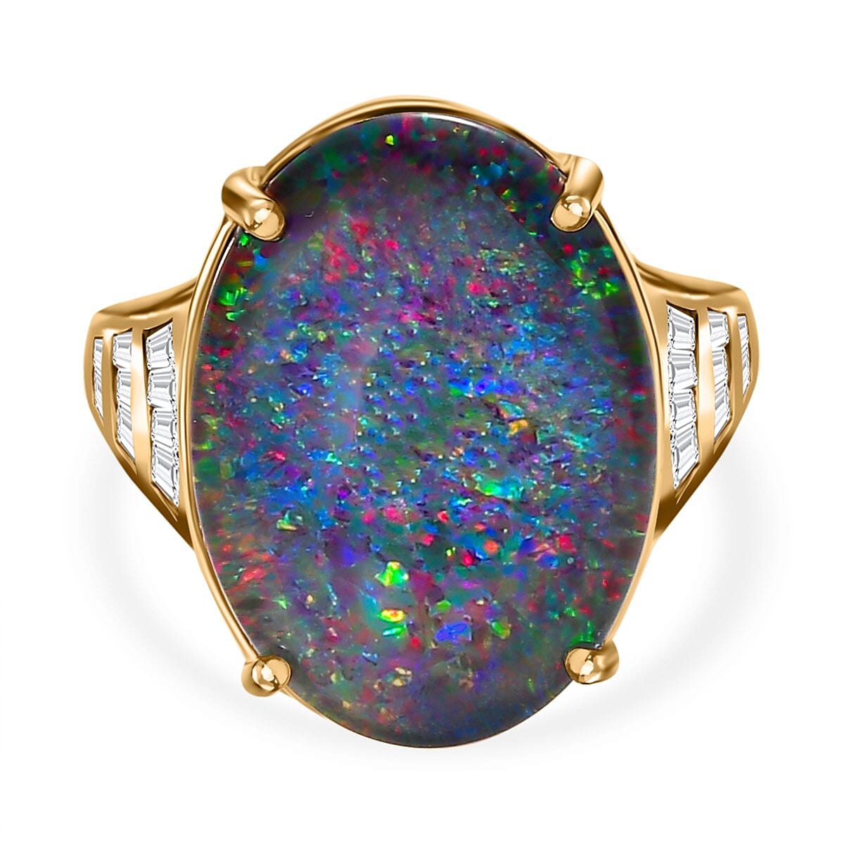 9K Yellow Gold Australian Boulder Opal (OV18X13) and Natural Zircon Ring 7.00 Ct.
