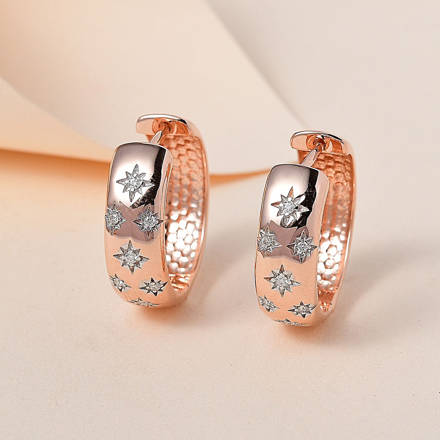 Moissanite Hoop Earrings in 18K Vermeil Rose Gold Plated Sterling Silver, Silver Wt. 6.20 Gms.